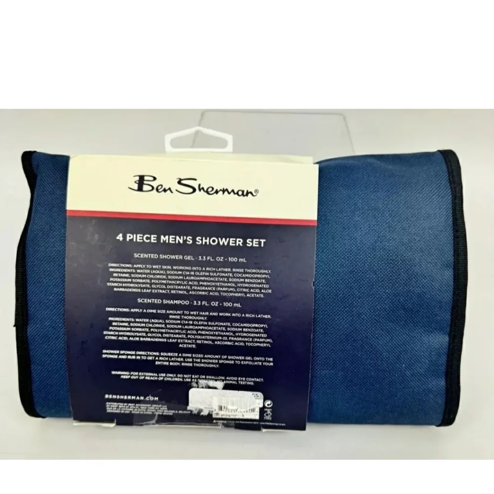 BEN SHERMAN 4 Piece Shower Set - Gel, Shampoo, Sponge, Toiletry Bag - NEW